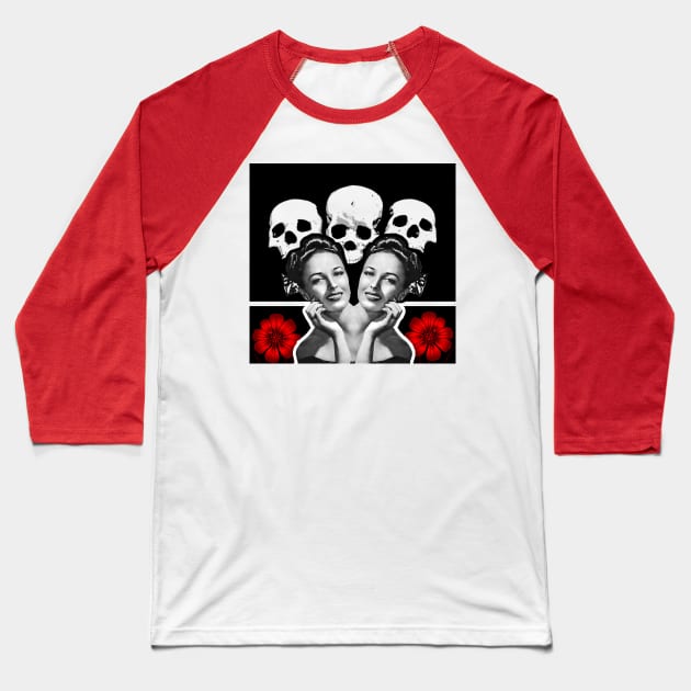 Beautiful woman face with skull and red flower Baseball T-Shirt by Marccelus